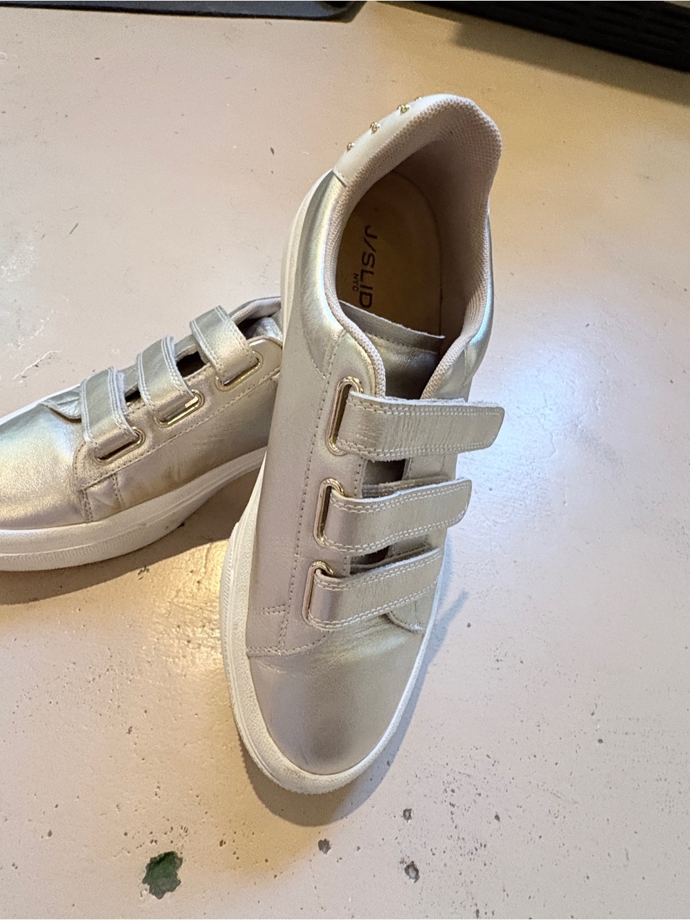 J Slides Metallic Silver-Accent White Velcro Sneakers
